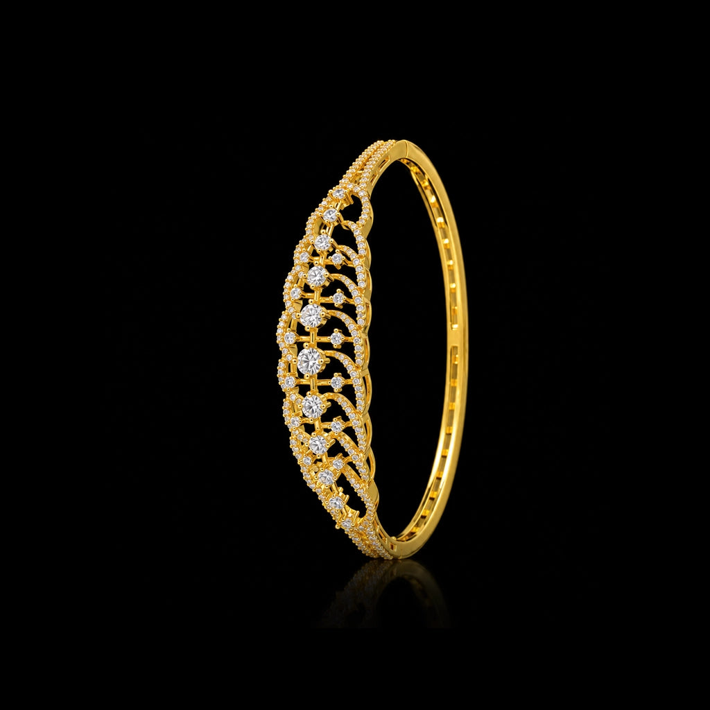 CZ Lattice Leaf Solitaire Openable Bracelet Gold Layered