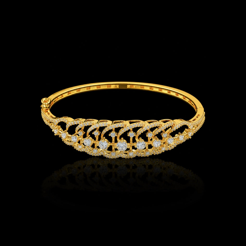 CZ Lattice Leaf Solitaire Openable Bracelet Gold Layered