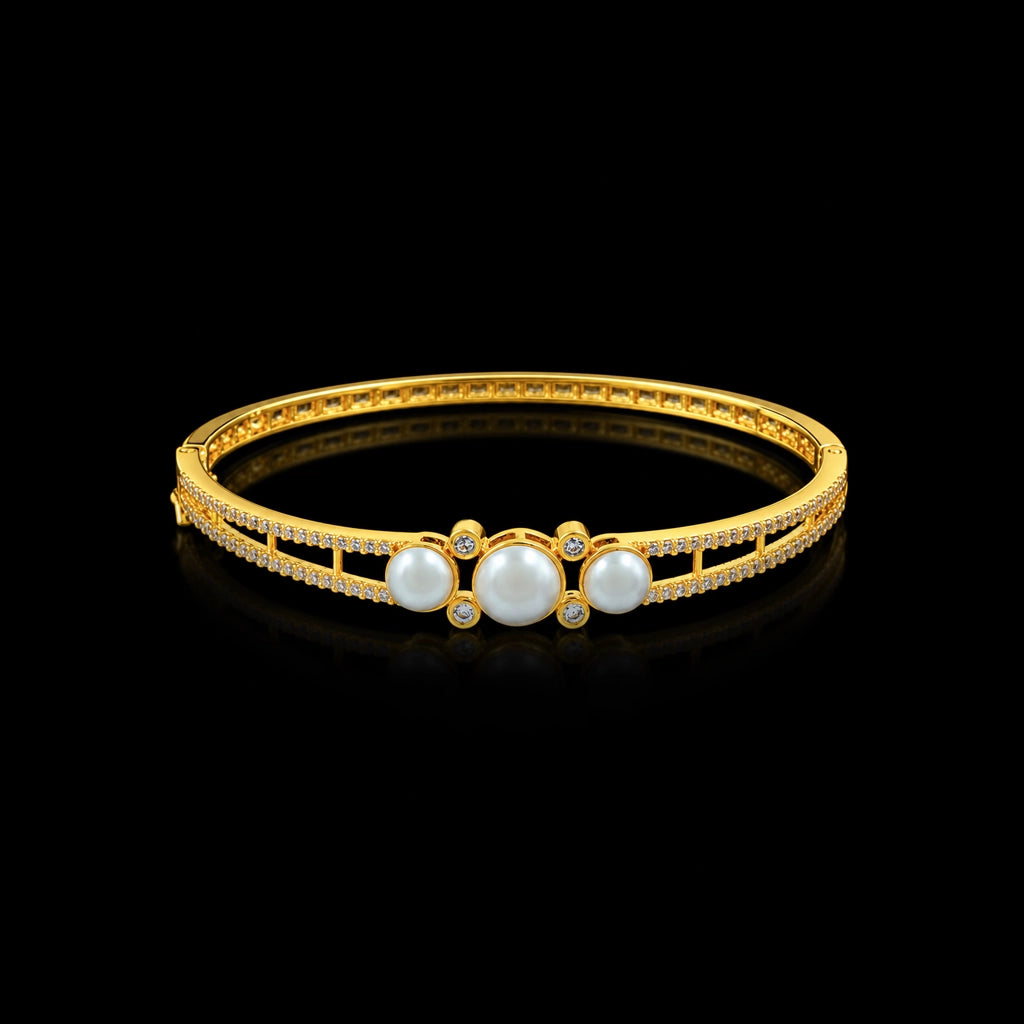 Premium Pearl Triple Bezel CZ Openable Bracelet Gold Layered