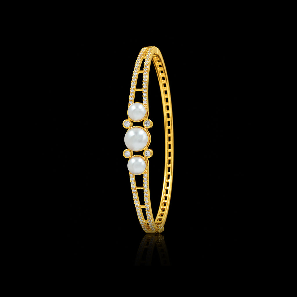 Premium Pearl Triple Bezel CZ Openable Bracelet Gold Layered