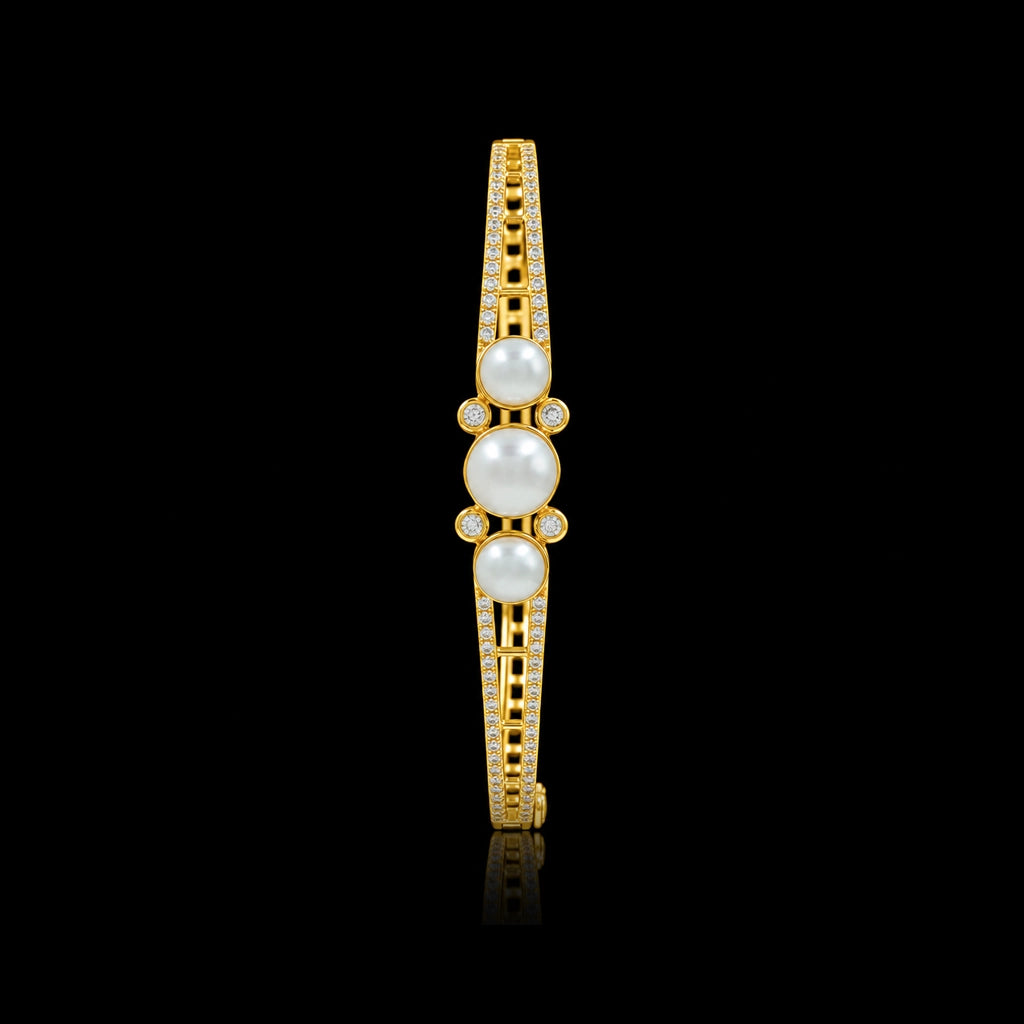 Premium Pearl Triple Bezel CZ Openable Bracelet Gold Layered