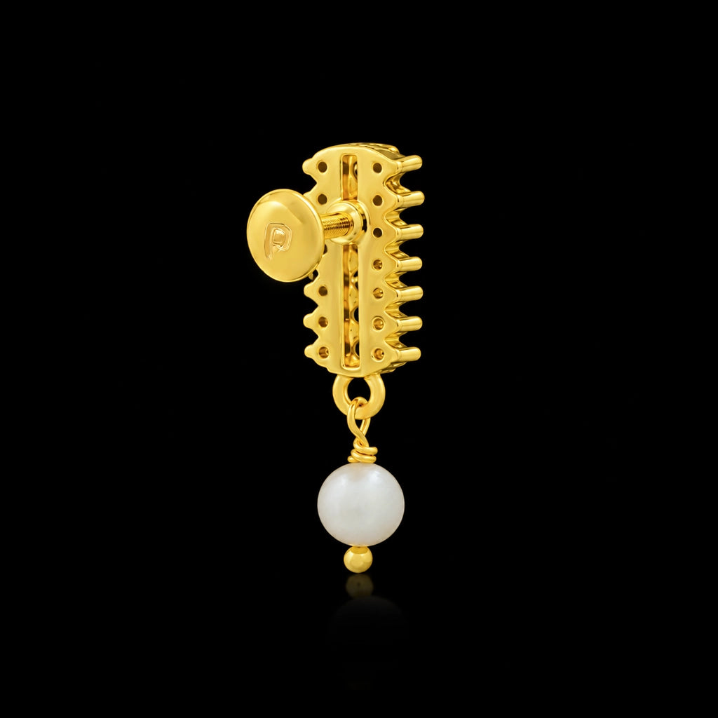 CZ Pave Bar Pearl Drop Hanging Stud Gold Layered