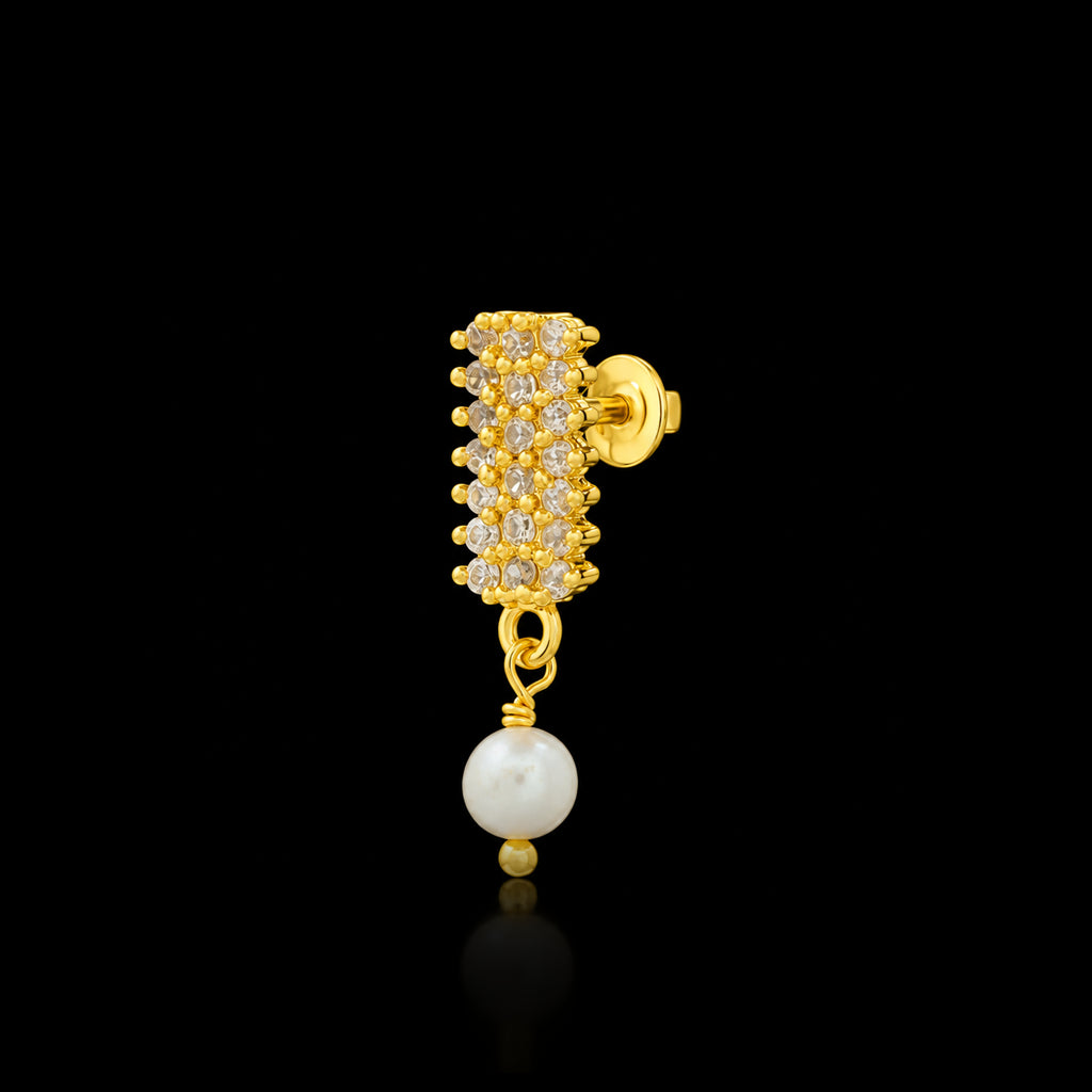 CZ Pave Bar Pearl Drop Hanging Stud Gold Layered