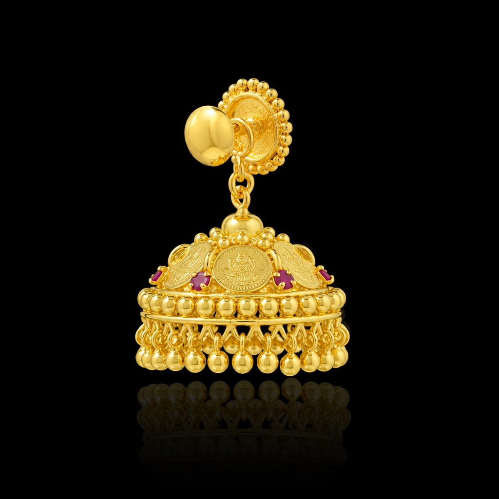 Sreshta Ruby Colour Lakshmi Coin Dome Jhumka Gold Layered