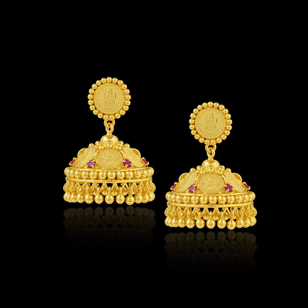 Sreshta Ruby Colour Lakshmi Coin Dome Jhumka Gold Layered