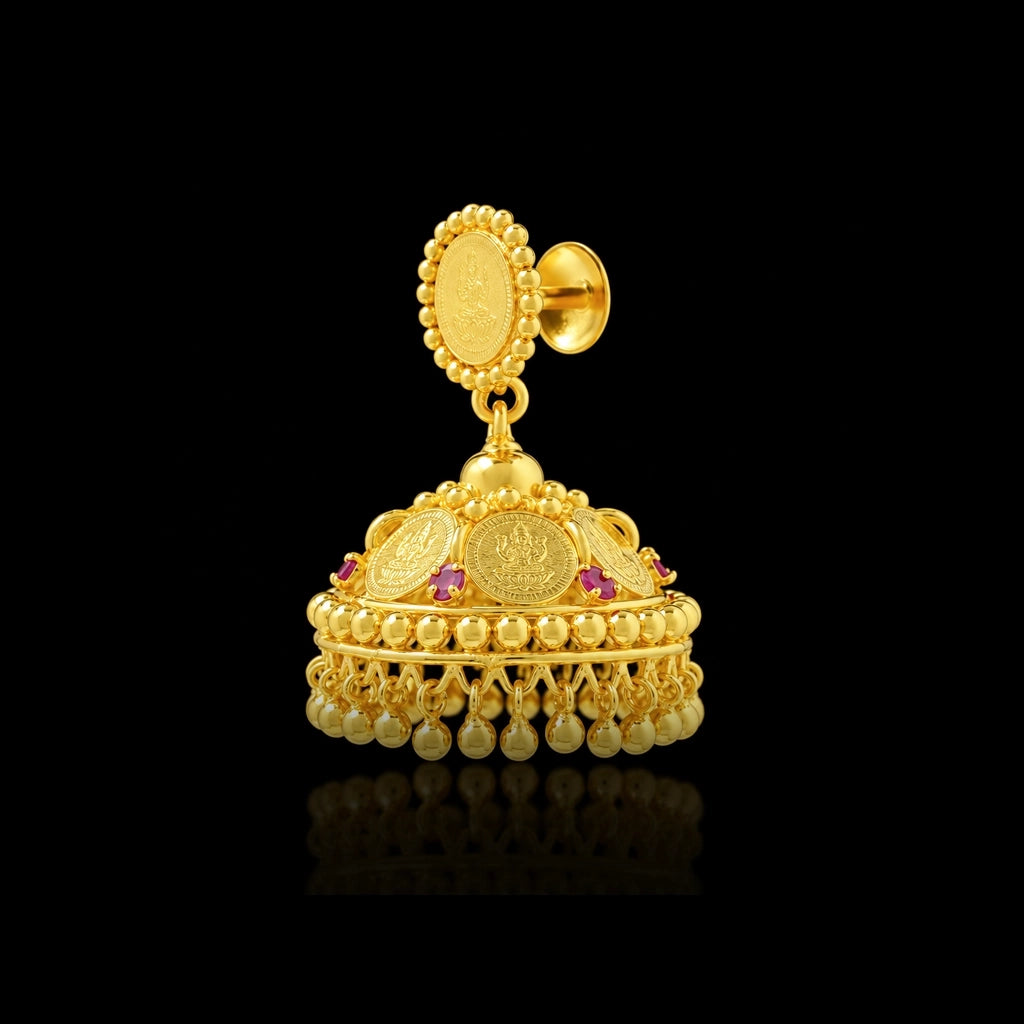 Sreshta Ruby Colour Lakshmi Coin Dome Jhumka Gold Layered