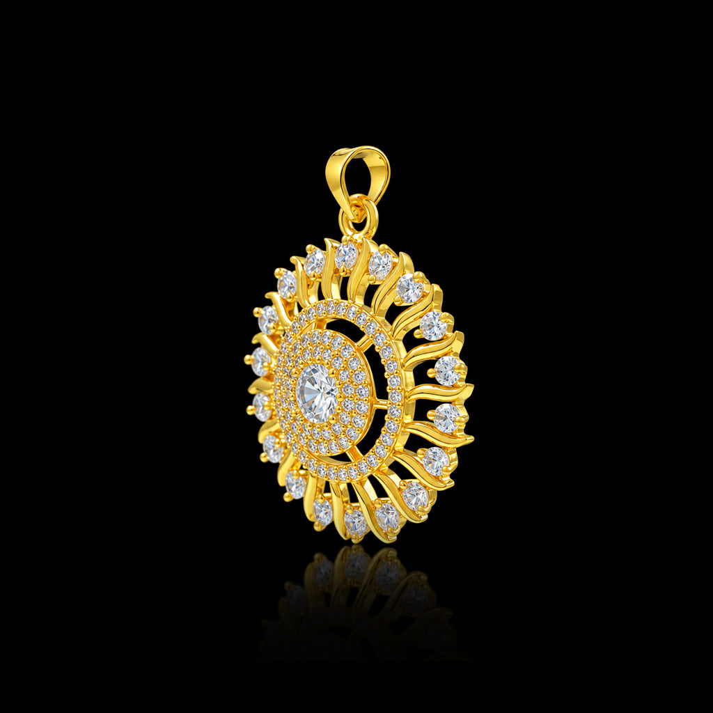 CZ Sun Ray Solitaire Circle Pendant Gold Layered