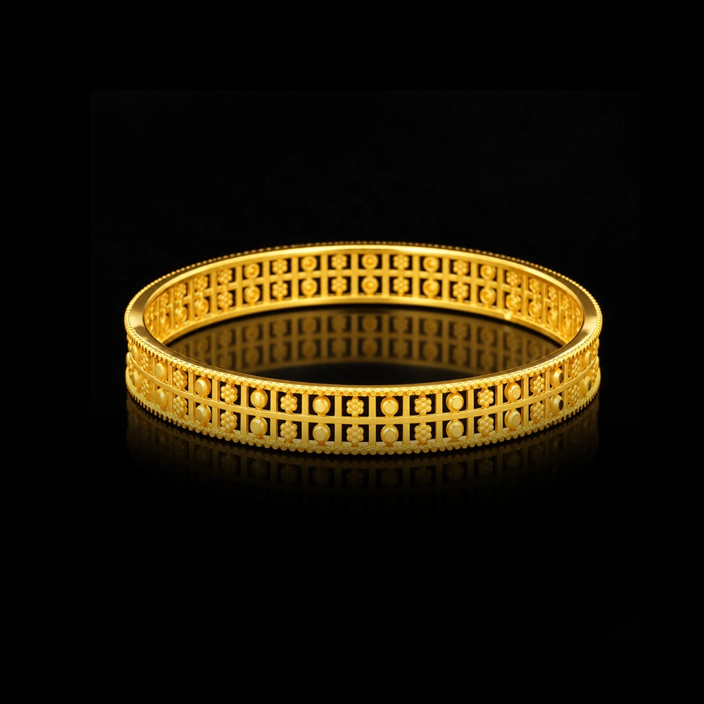 Premium Lattice Granule Floret Broad Bangle Gold Layered