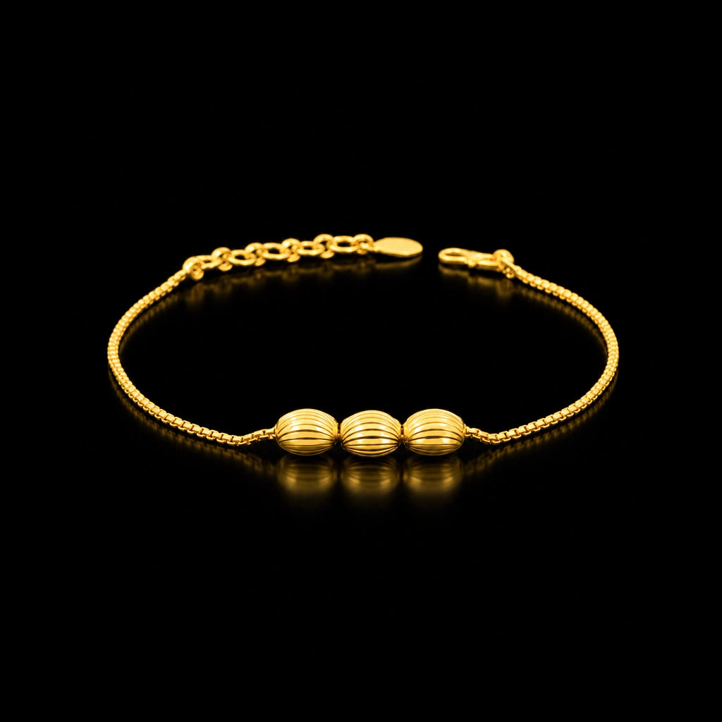 Triple Ribbed Oval Bead Box Chain Bracelet Gold Layered
