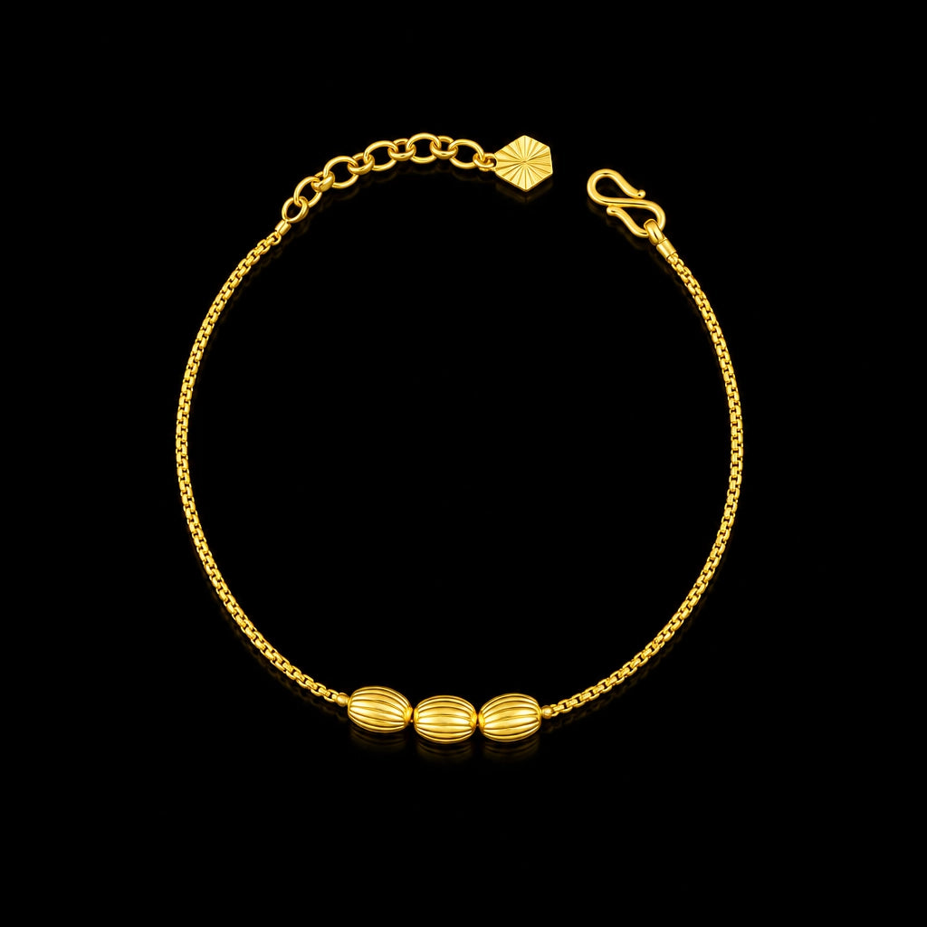 Triple Ribbed Oval Bead Box Chain Bracelet Gold Layered