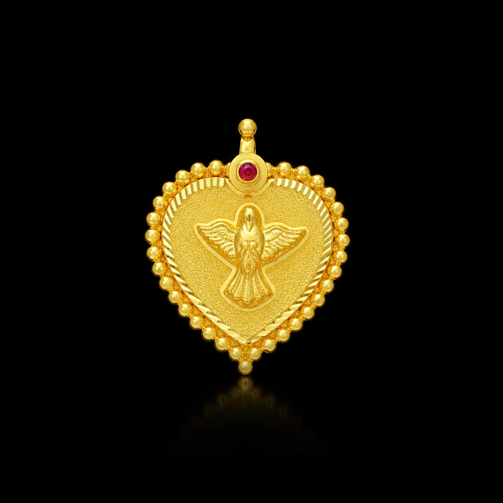 Ruby Dove Heart Bead Border Pendant Gold Layered
