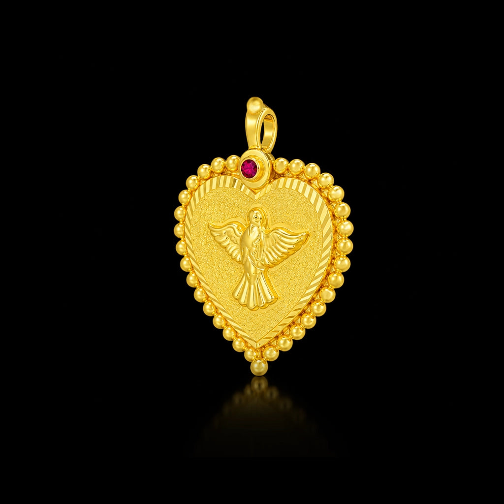 Ruby Dove Heart Bead Border Pendant Gold Layered