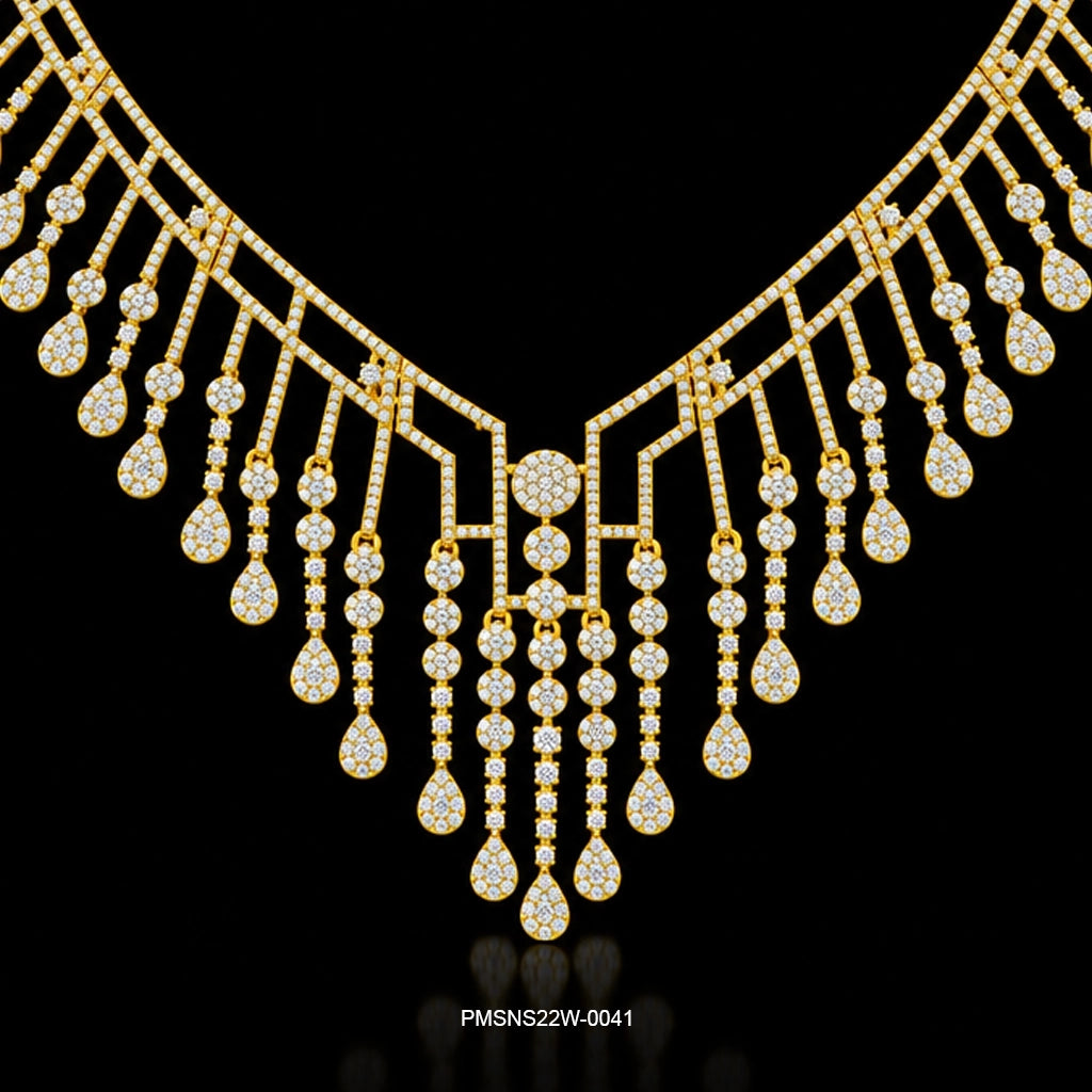 CZ Lattice Teardrop Fringe Necklace Set Short Gold Layered
