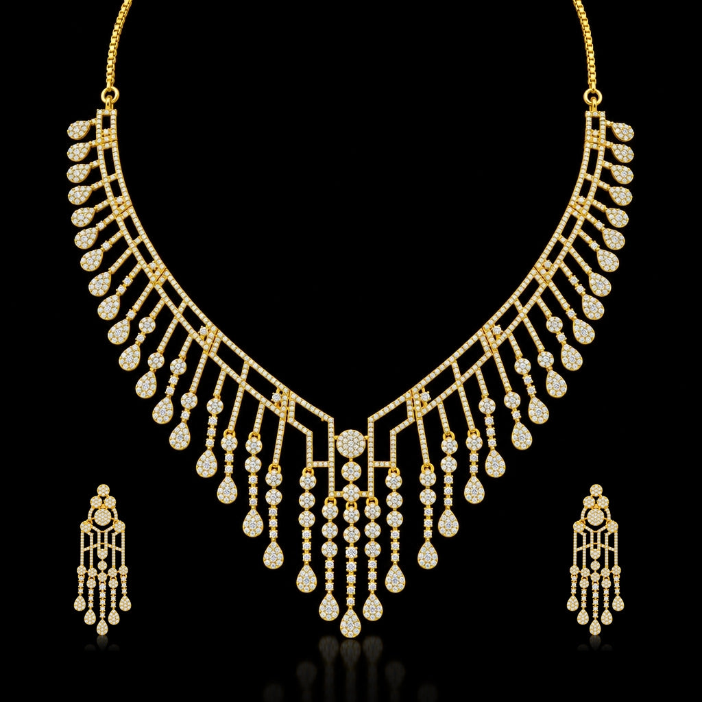 CZ Lattice Teardrop Fringe Necklace Set Short Gold Layered