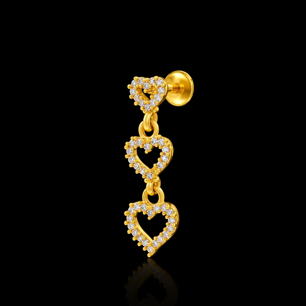 CZ Triple Heart Drop Hanging Stud Gold Layered