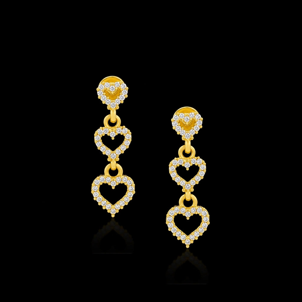 CZ Triple Heart Drop Hanging Stud Gold Layered