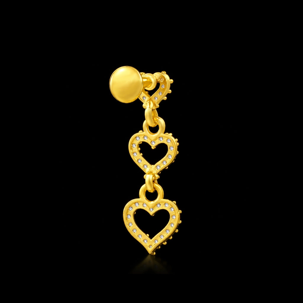 CZ Triple Heart Drop Hanging Stud Gold Layered