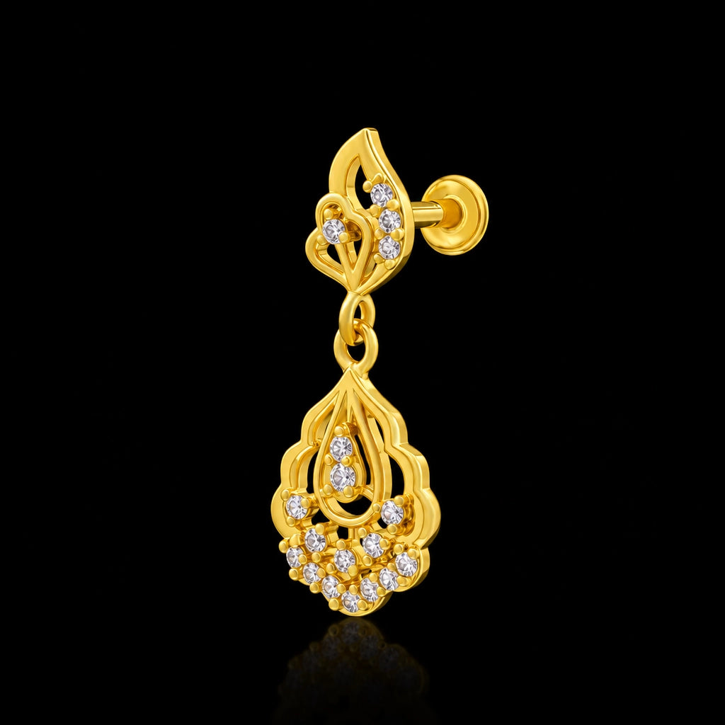 CZ Lotus Drop Scallop Hanging Stud Gold Layered