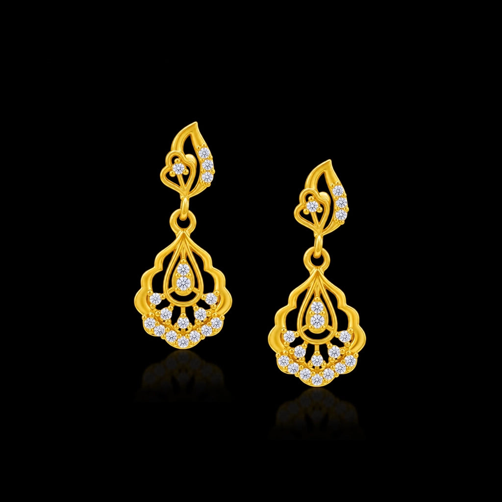 CZ Lotus Drop Scallop Hanging Stud Gold Layered