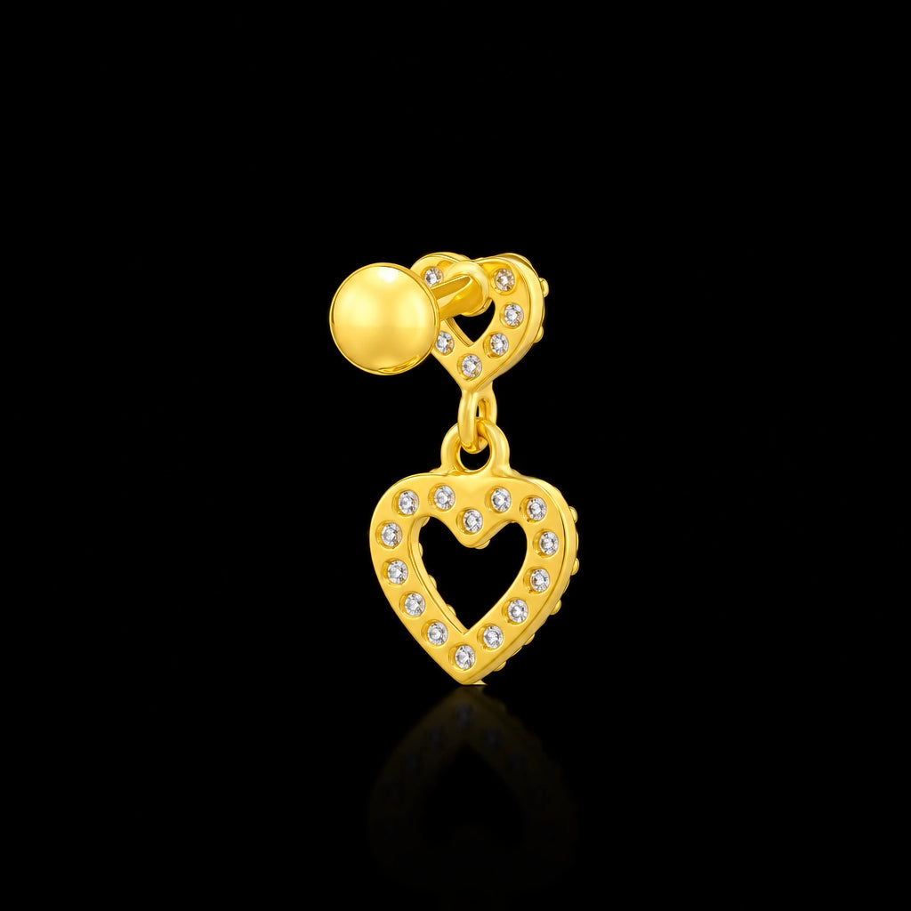 CZ Twin Heart Drop Hanging Stud Gold Layered