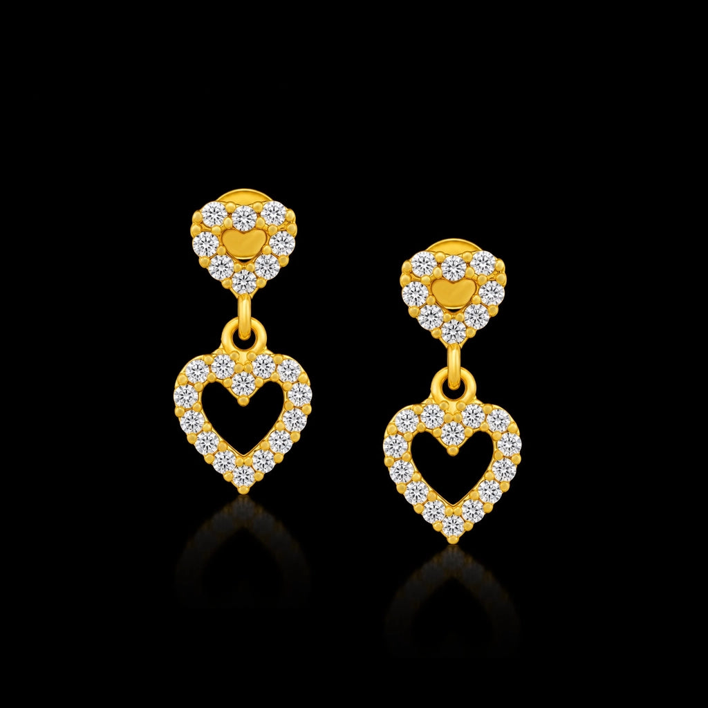 CZ Twin Heart Drop Hanging Stud Gold Layered