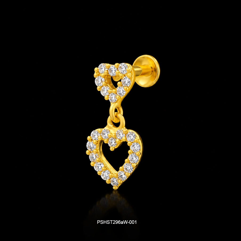 CZ Twin Heart Drop Hanging Stud Gold Layered