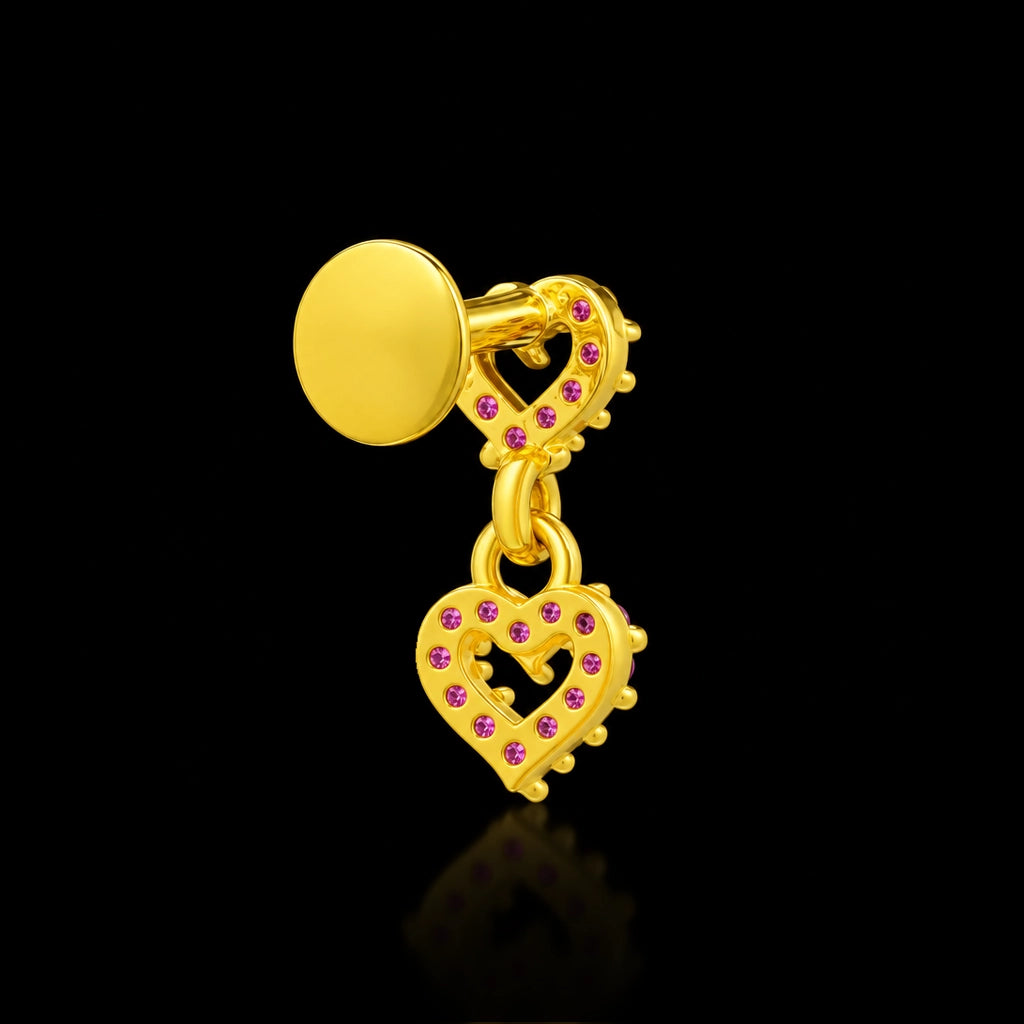 Pink CZ Twin Heart Drop Hanging Stud Gold Layered