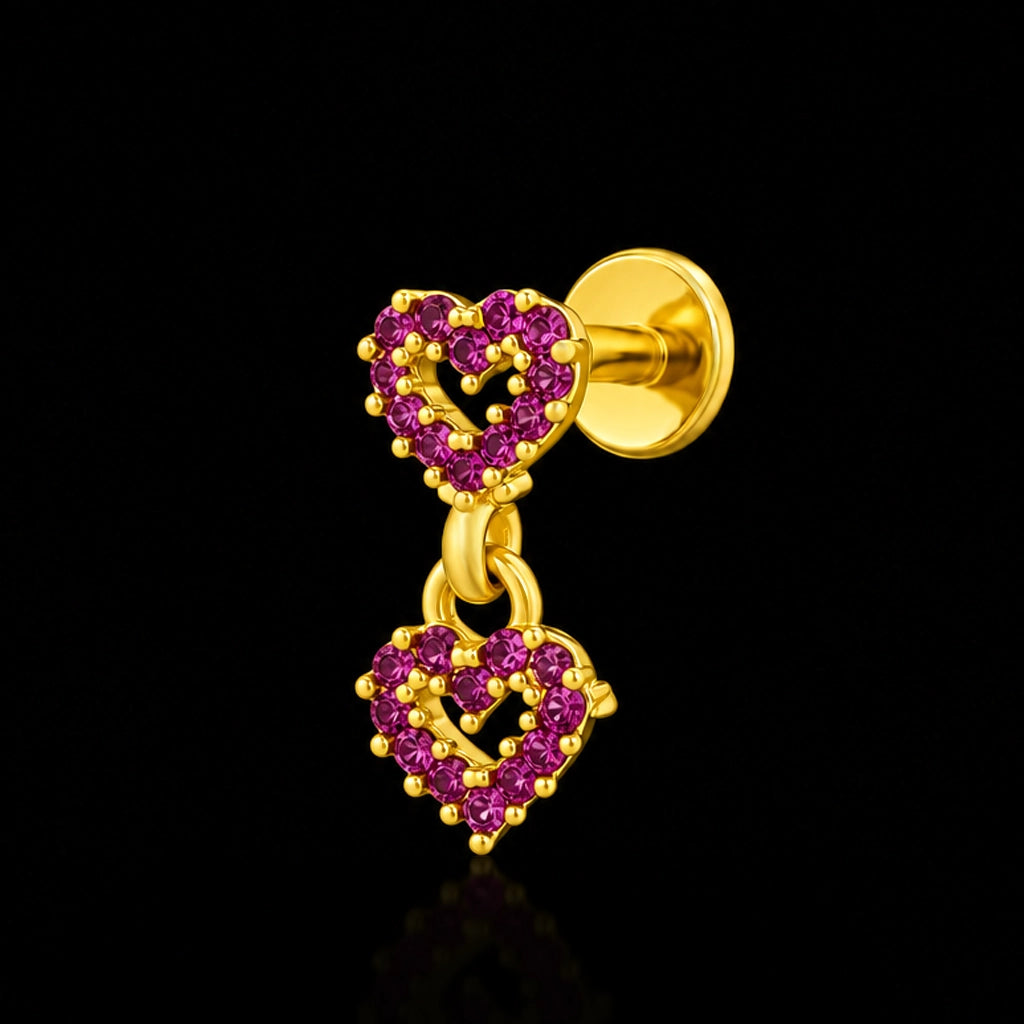 Pink CZ Twin Heart Drop Hanging Stud Gold Layered