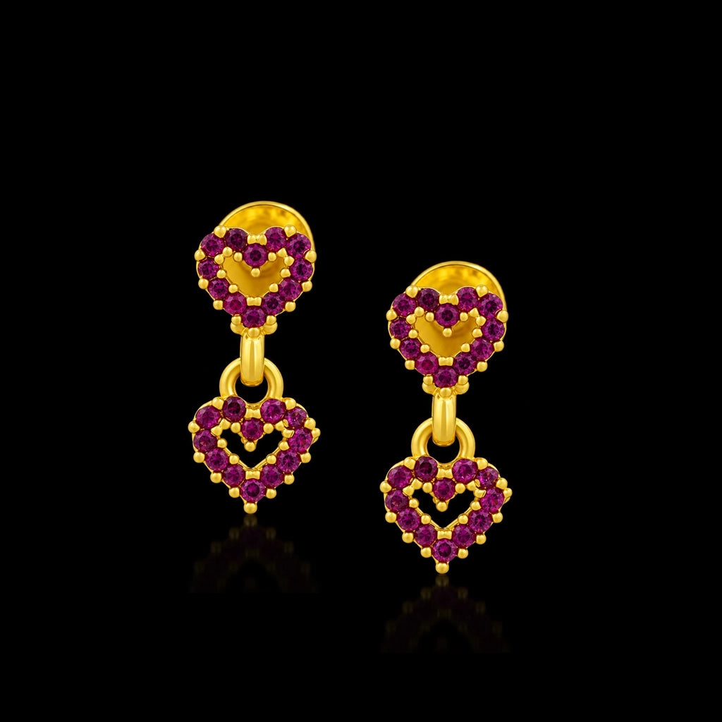 Pink CZ Twin Heart Drop Hanging Stud Gold Layered