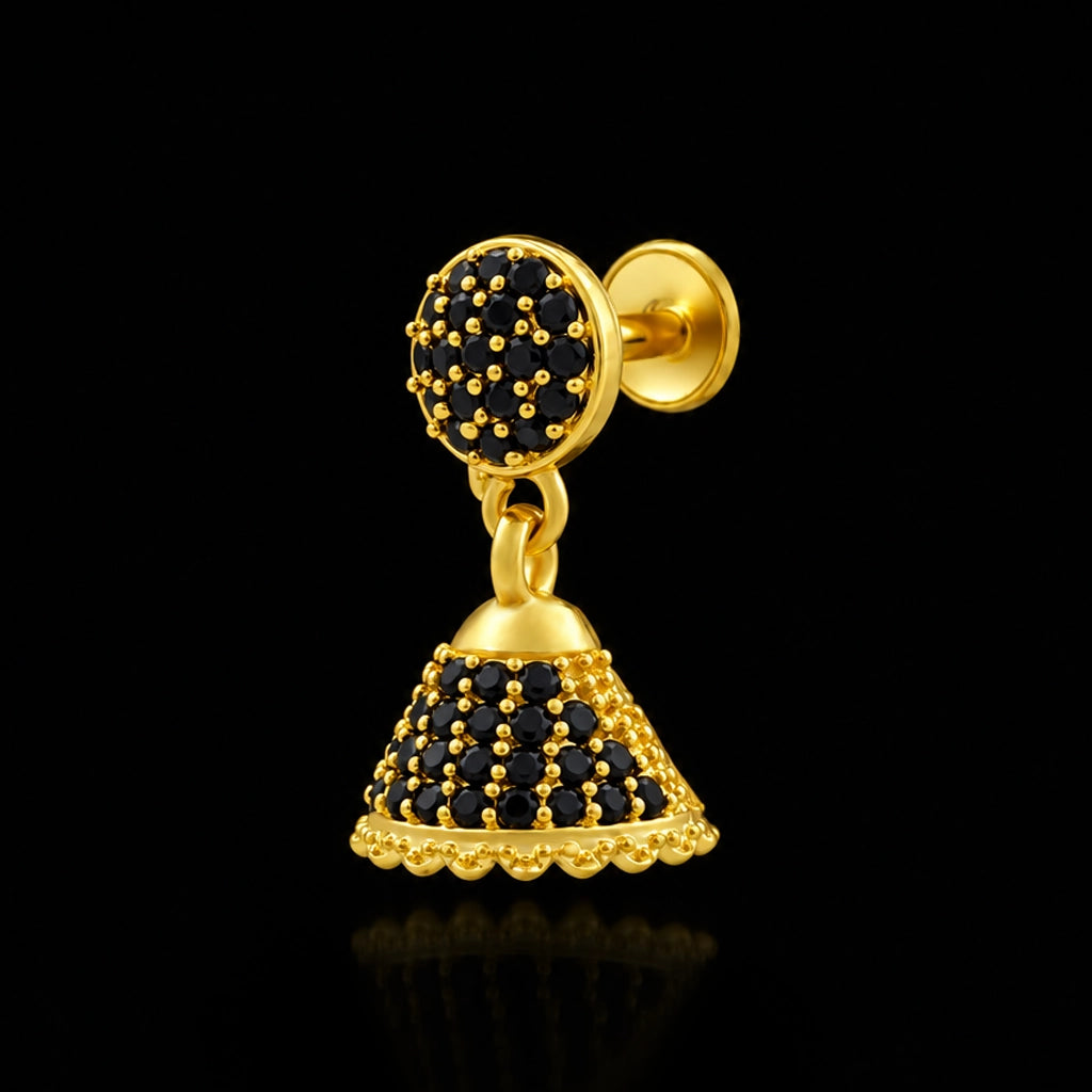 Black CZ Pave Dome Jimikka Hanging Stud Gold Layered