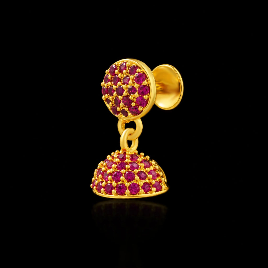Ruby CZ Pave Dome Jimikka Hanging Stud Gold Layered