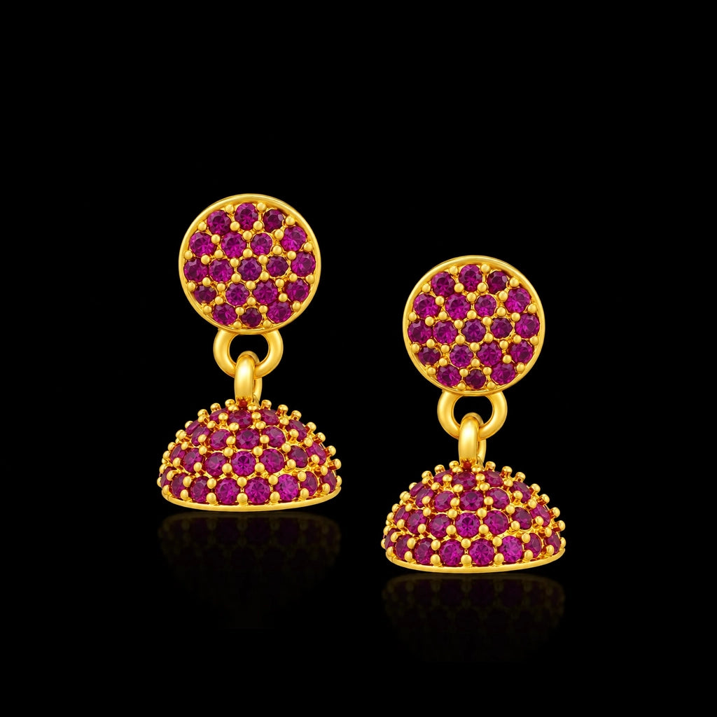 Ruby CZ Pave Dome Jimikka Hanging Stud Gold Layered