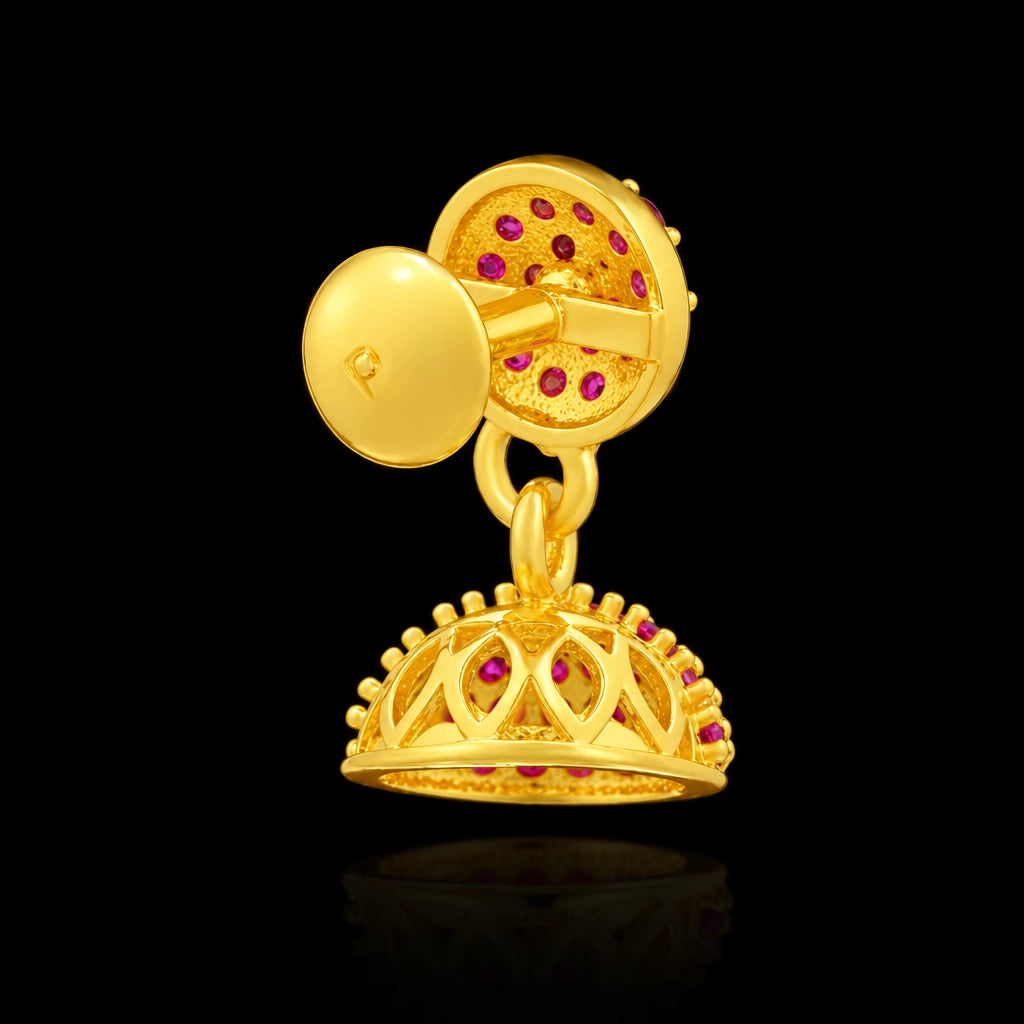 Ruby CZ Pave Dome Jimikka Hanging Stud Gold Layered