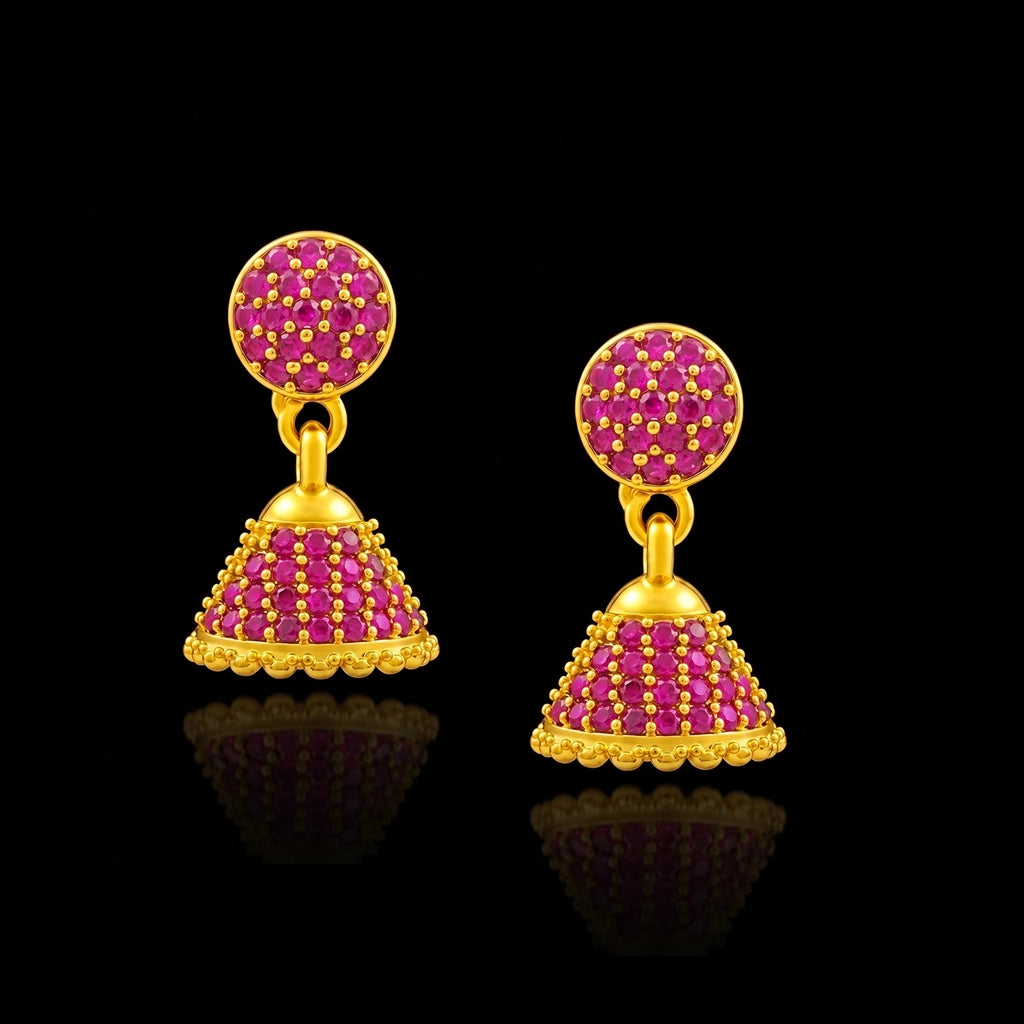 Ruby CZ Pave Dome Jimikka Hanging Stud Gold Layered