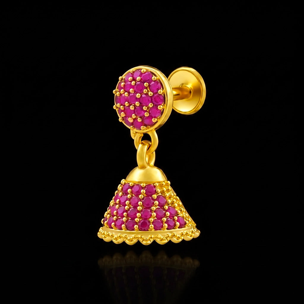 Ruby CZ Pave Dome Jimikka Hanging Stud Gold Layered