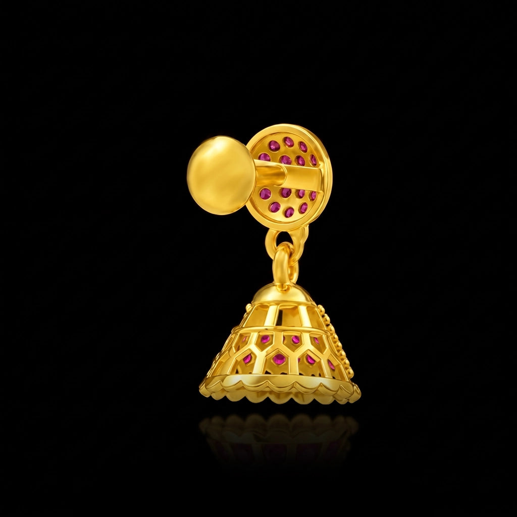 Ruby CZ Pave Dome Jimikka Hanging Stud Gold Layered