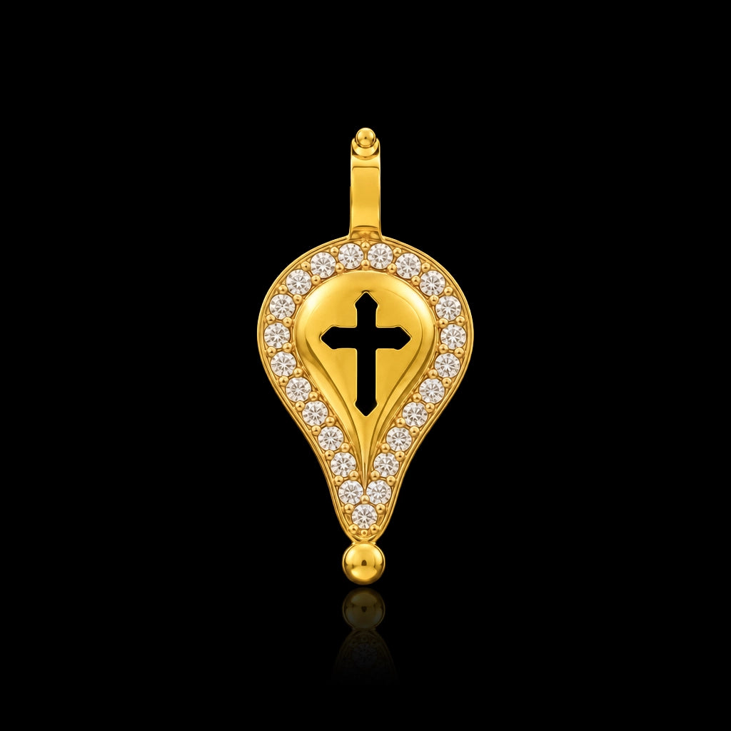 CZ Cross Teardrop Pave Stone Pendant Gold Layered