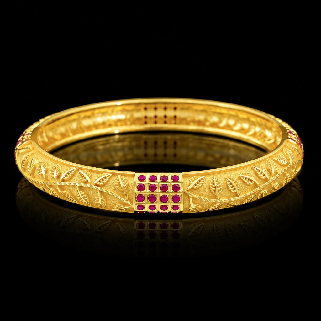 Ruby Colour Vine Leaf Grid Stone Bangle Gold Layered