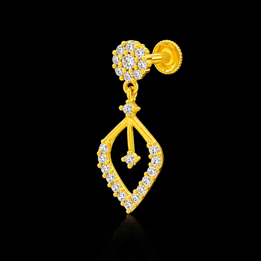 CZ Floret Open Leaf Drop Hanging Stud Gold Layered