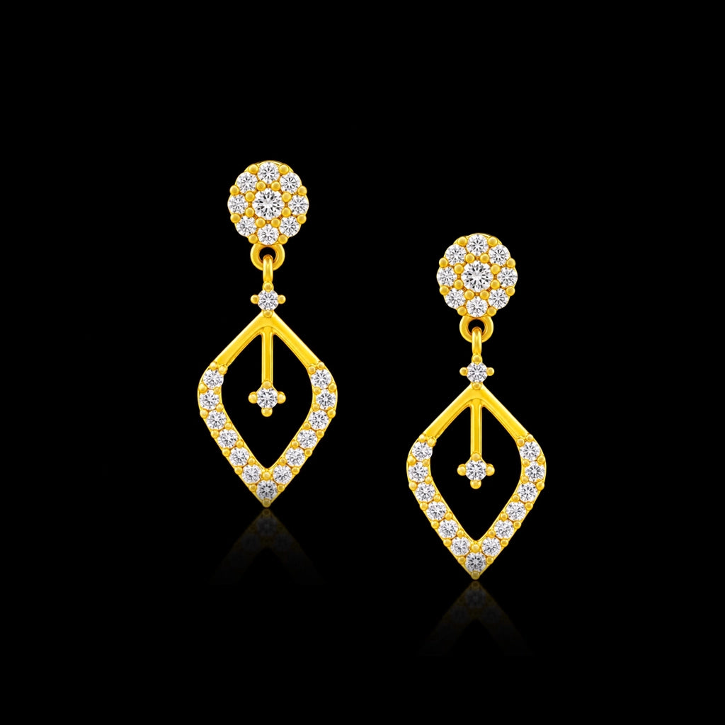 CZ Floret Open Leaf Drop Hanging Stud Gold Layered