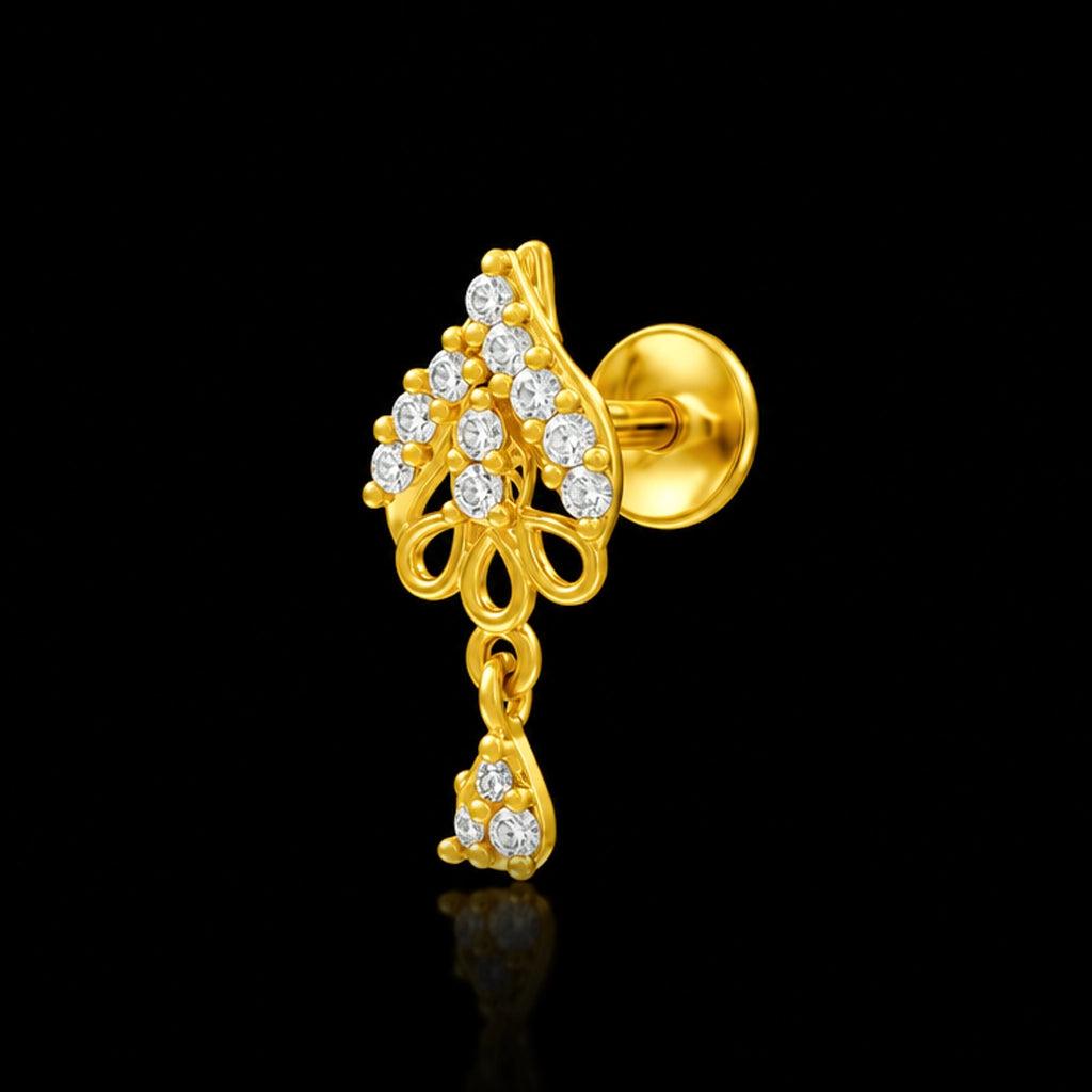 CZ Leaf Scroll Drop Hanging Stud Rhodium Finish