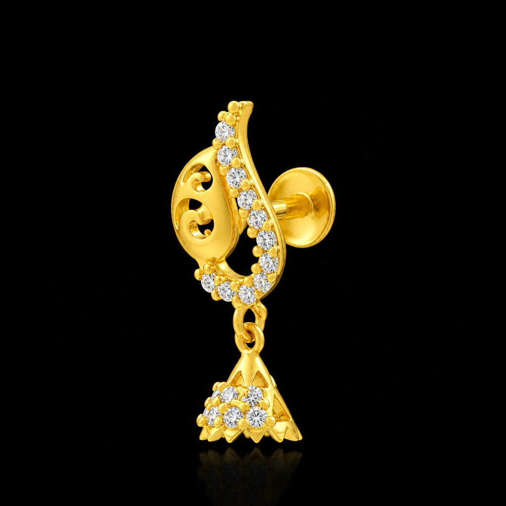 CZ Peacock Curl Drop Hanging Stud Gold Layered