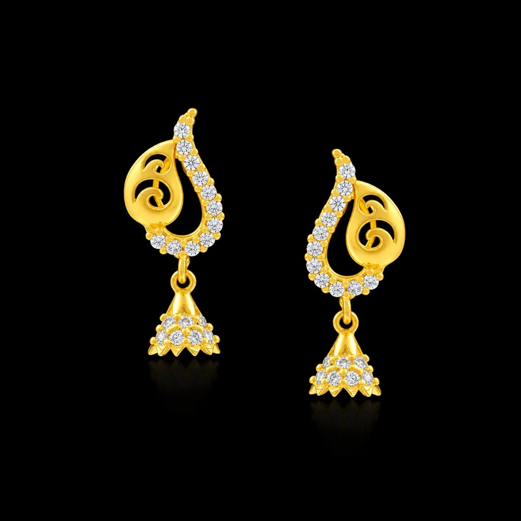 CZ Peacock Curl Drop Hanging Stud Gold Layered