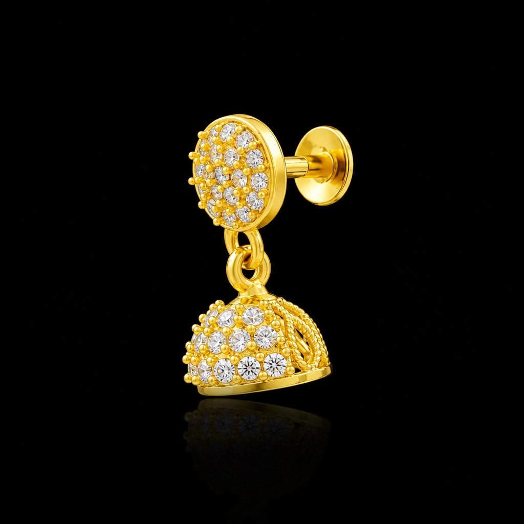 CZ Pave Dome Bell Drop Jimikka Hanging Stud Gold Layered
