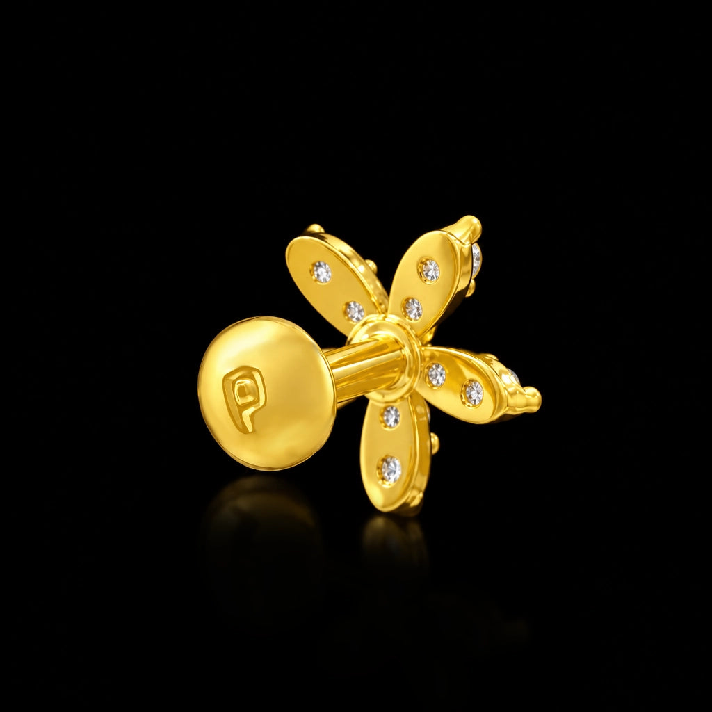CZ Five Petal Bloom Sreshta Stud Gold Layered