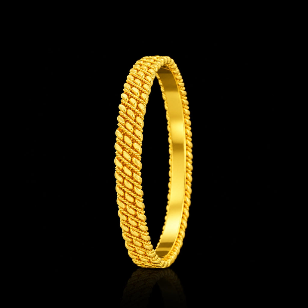 Gold Twisted Wire Leaf Row Rope Bangle Gold Layered