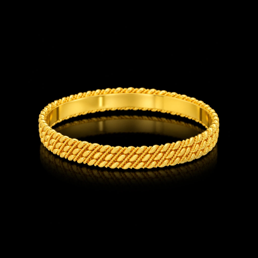 Gold Twisted Wire Leaf Row Rope Bangle Gold Layered