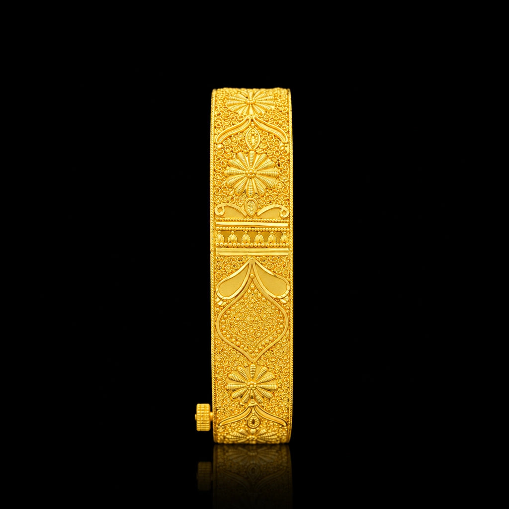 Gold Floral Filigree Panel Hinged Kada Gold Layered