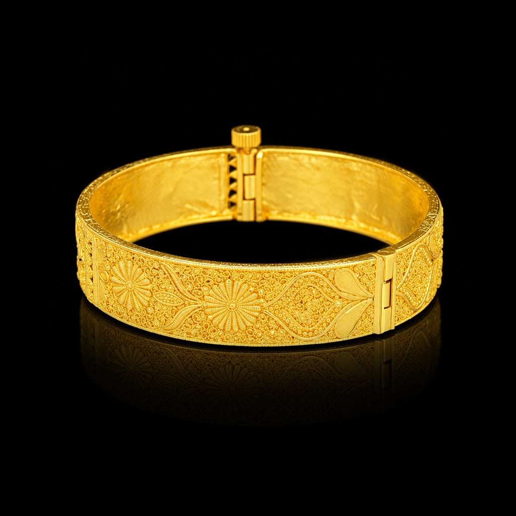 Gold Floral Filigree Panel Hinged Kada Gold Layered