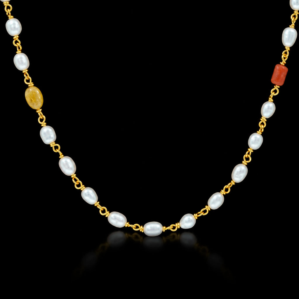 Pearl Navaratna Bead Link Long Chain Necklace Gold Layered